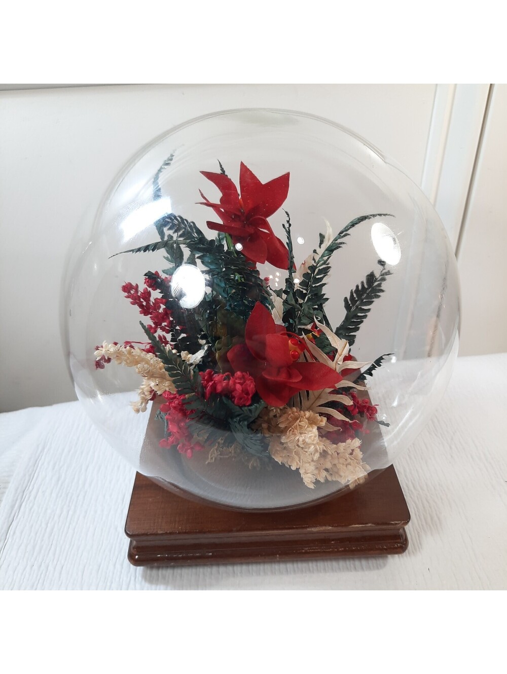 Vintage Floral glass globe terrarium wood base red poinsettia flower centerpiece
